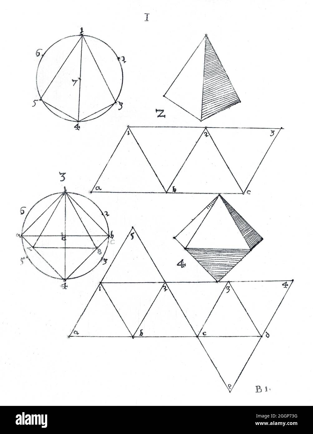 Polyhedral variations based on the five Platonic solids, or 'regular bodies': the tetrahedron, cube, octahedron, dodecahedron, and icosahedron. Stock Photo