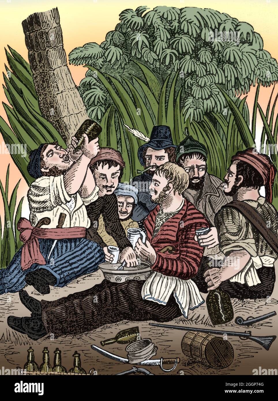 Bartholomew Roberts' crew drinking rum at the Calabar River in West Africa. Stock Photo
