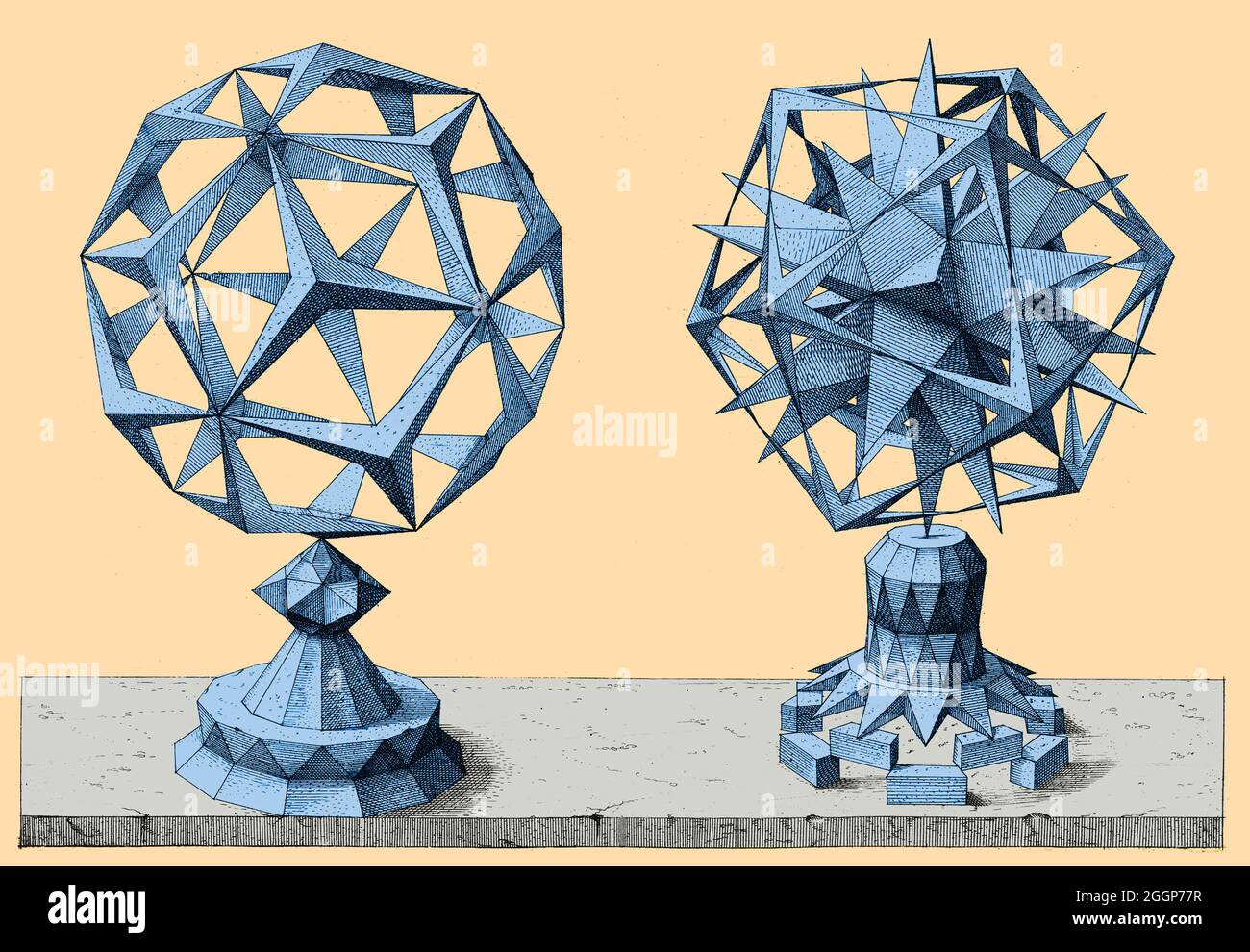 Polyhedral variations based on the five Platonic solids, or 'regular bodies': the tetrahedron, cube, octahedron, dodecahedron, and icosahedron. From Perspectiva Corporum Regularium (Perspective of the Regular Bodies), a compendium of perspectival geometry intended to show off the graphic skills of Wenzel Jamnitzer, a famous sixteenth-century German goldsmith. Engraved by Jost Amman (Swiss, 1539-1591) after Jamnitzer. Color enhanced. Stock Photo