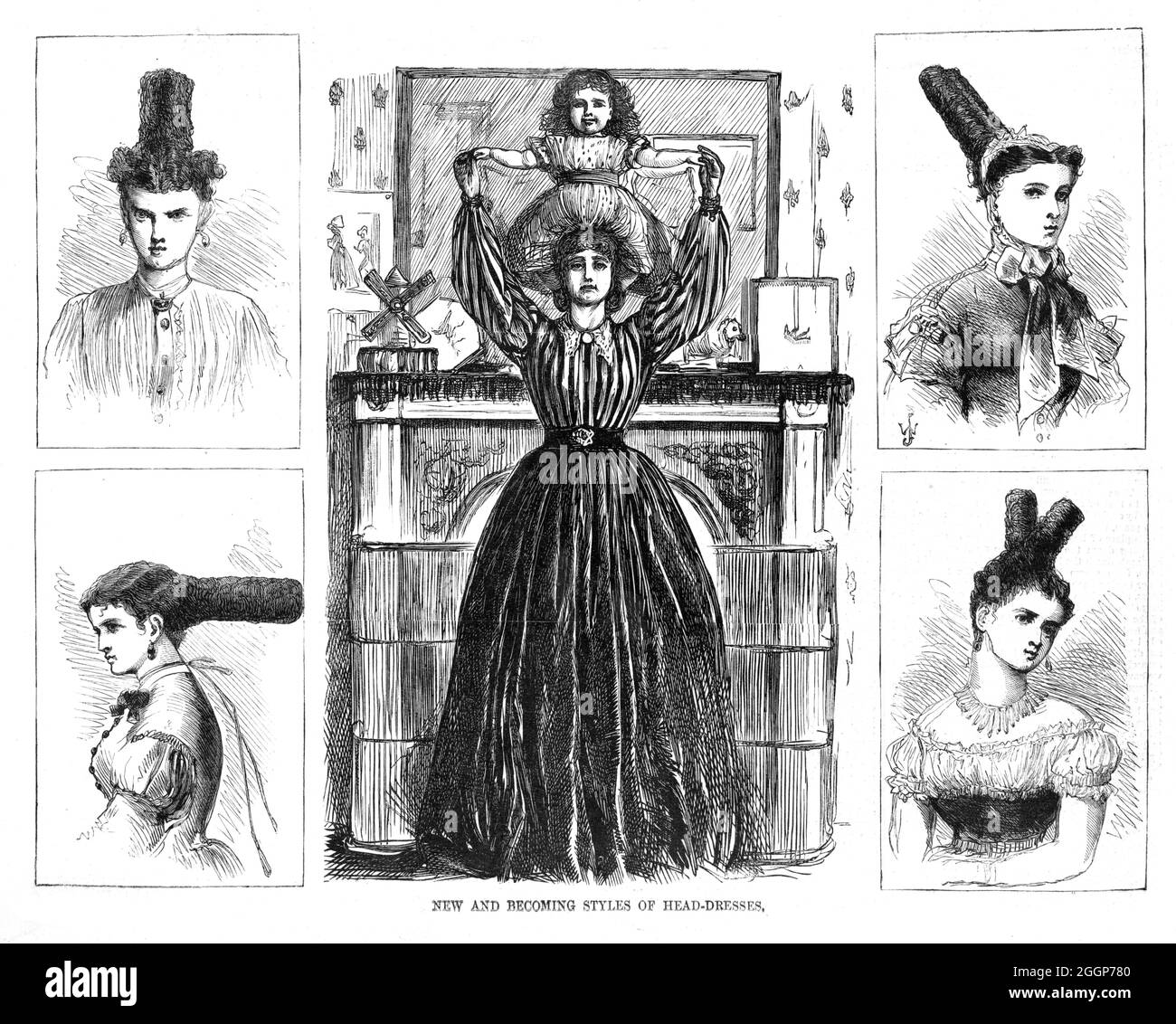 New and Becoming Styles of Headdresses, satirical cartoon by Thomas Nast (1840-1902). At center, a woman is holding a child on top of her head, surrounded by four vignette views of 'new' hairstyles. Harper's Weekly, 1867. Stock Photo