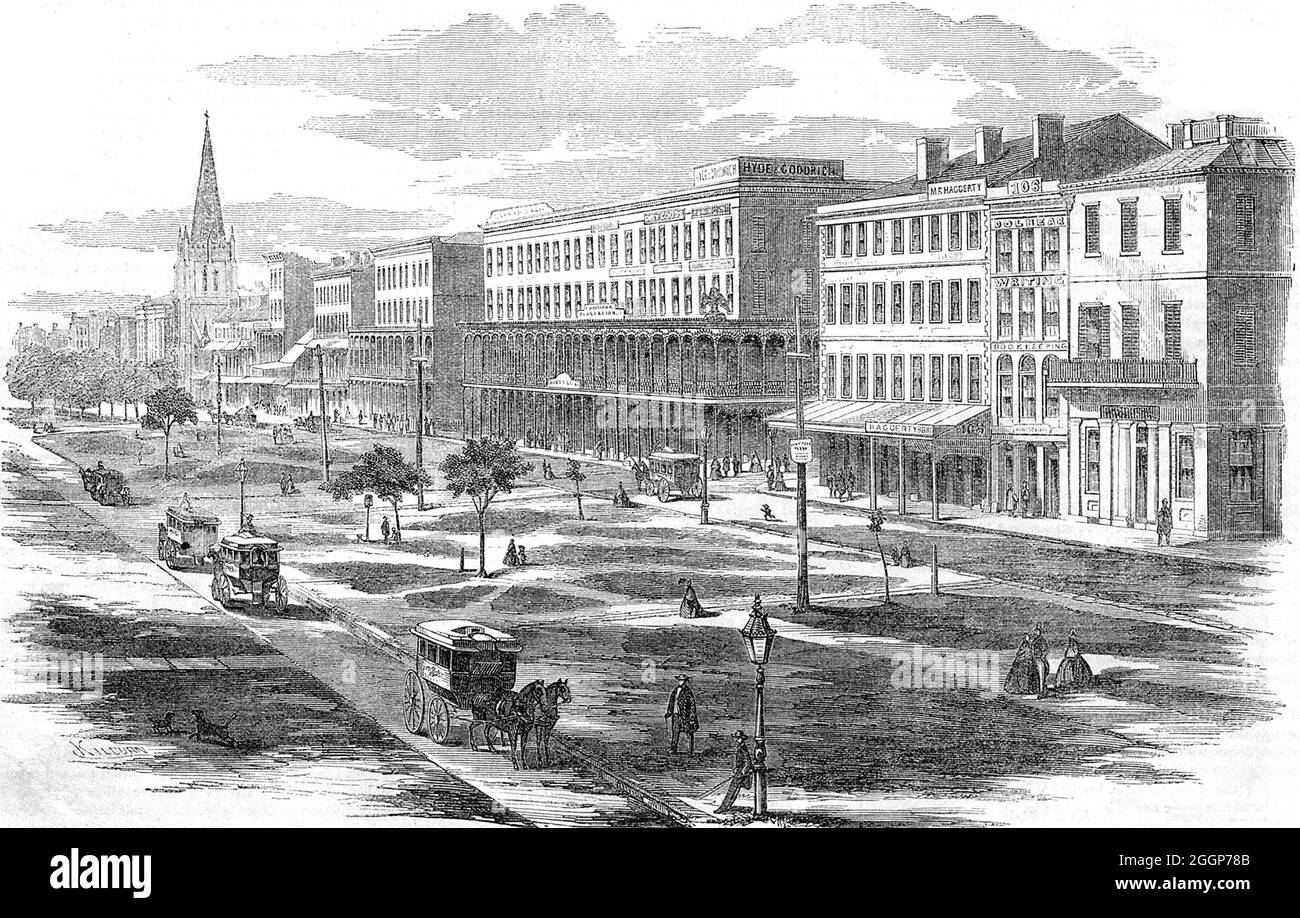 View of Canal Street, New Orleans, 1857, looking almost due north from about the intersection with Carondelet and Bourbon Streets. Engraving from Ballou's Pictorial, Vol. 13, No. 5, August 1, 1857, from a pencil drawing by Mr. Kilburn, after a photo by James Andrews. Stock Photo