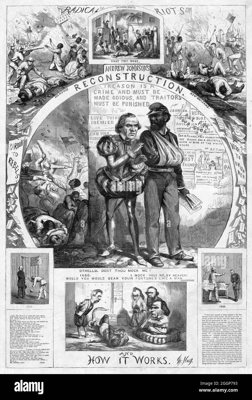 'Andrew Johnson's Reconstruction and How It Works,' a political cartoon by Thomas Nast (1840-1902) showing Andrew Johnson as the deceitful Iago who betrayed Othello, portrayed here as an African American Civil War veteran. Includes scenes of a slave auction, whites attacking blacks in Memphis and New Orleans, and 'Copperhead' and 'C.S.A.' snakes wrapped around a black man while Andrew Johnson and others watch. Harper's Weekly, September 1, 1866. Stock Photo