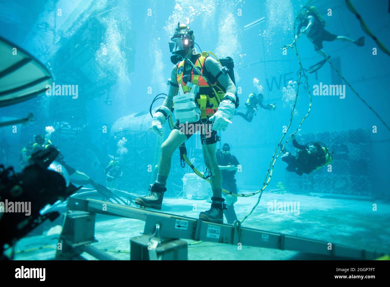 NASA astronauts train underwater in the Neutral Buoyancy Lab at the Johnson Space Center in Houston, Texas, September, 2019. Stock Photo