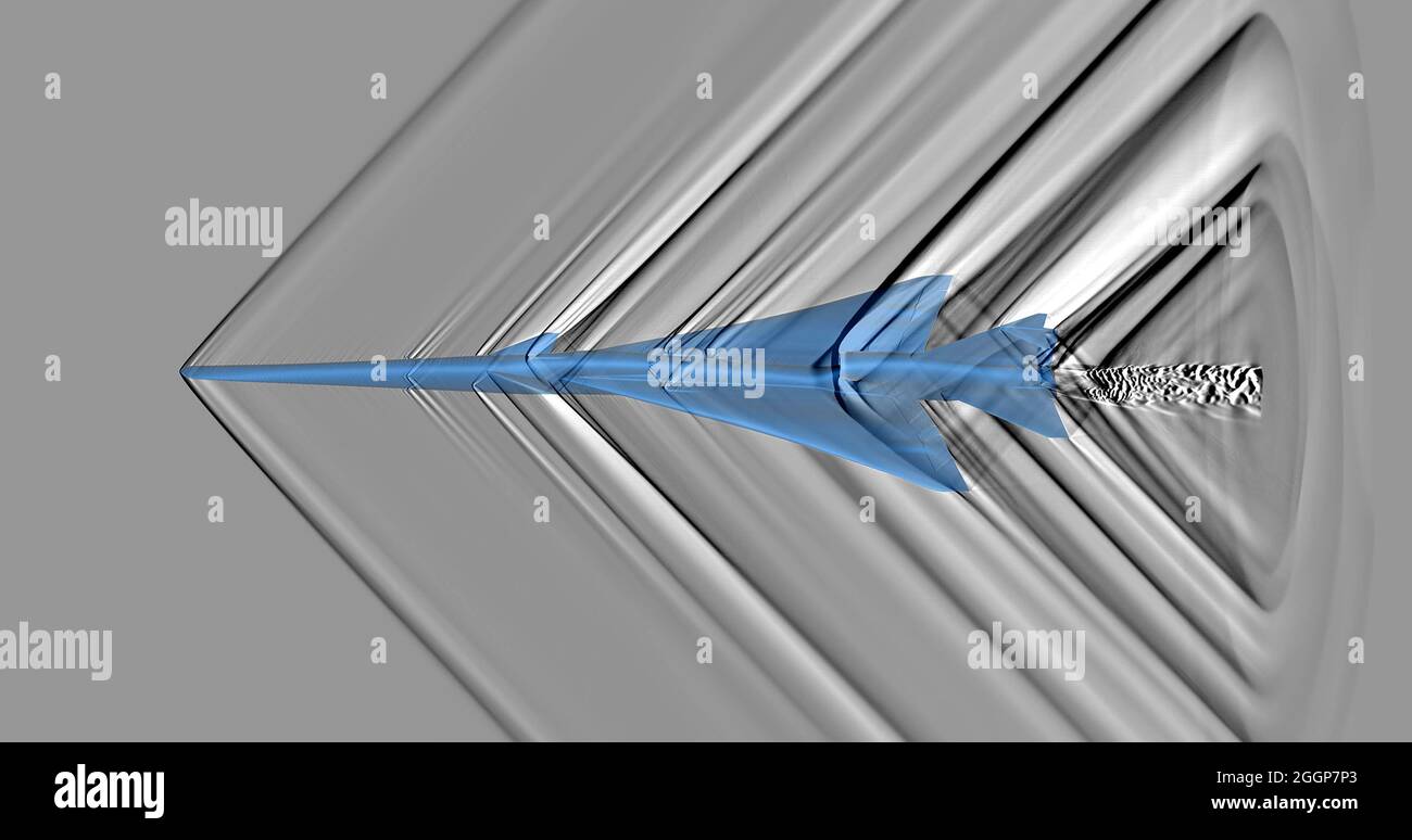 Computational schlieren image of an X-59 Quiet SuperSonic Technology airplane in flight. Stock Photo