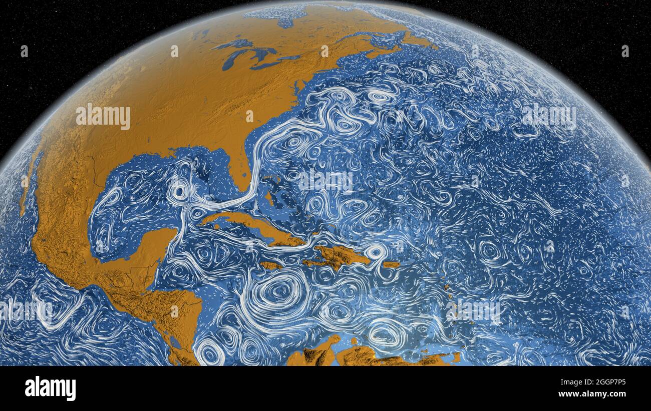The Gulf Stream, a warm, Atlantic ocean current, is shown in this visualization that synthesized satellite and in-situ data of the global ocean and sea-ice from 2005 to 2007. Stock Photo