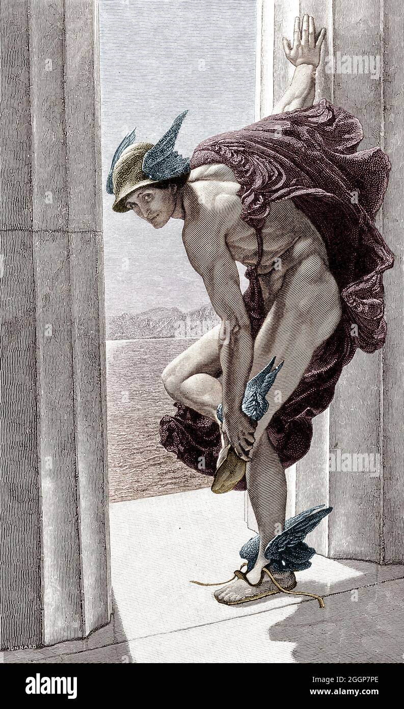 Colorized historical illustration of the Ancient Roman god Mercury. Stock Photo