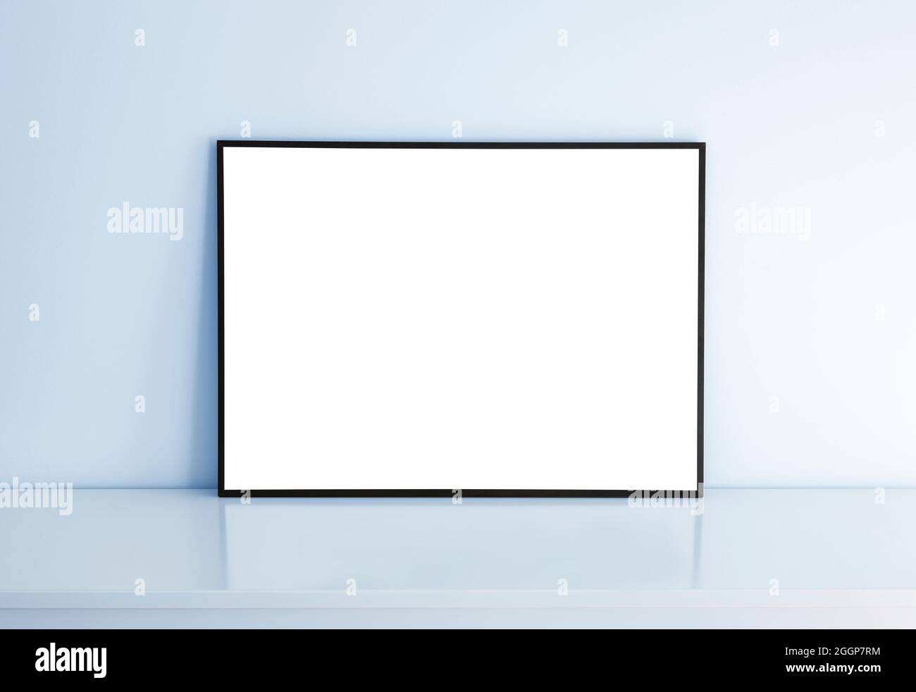 Rectangular mock up frame with reflection and blue background. Stock Photo