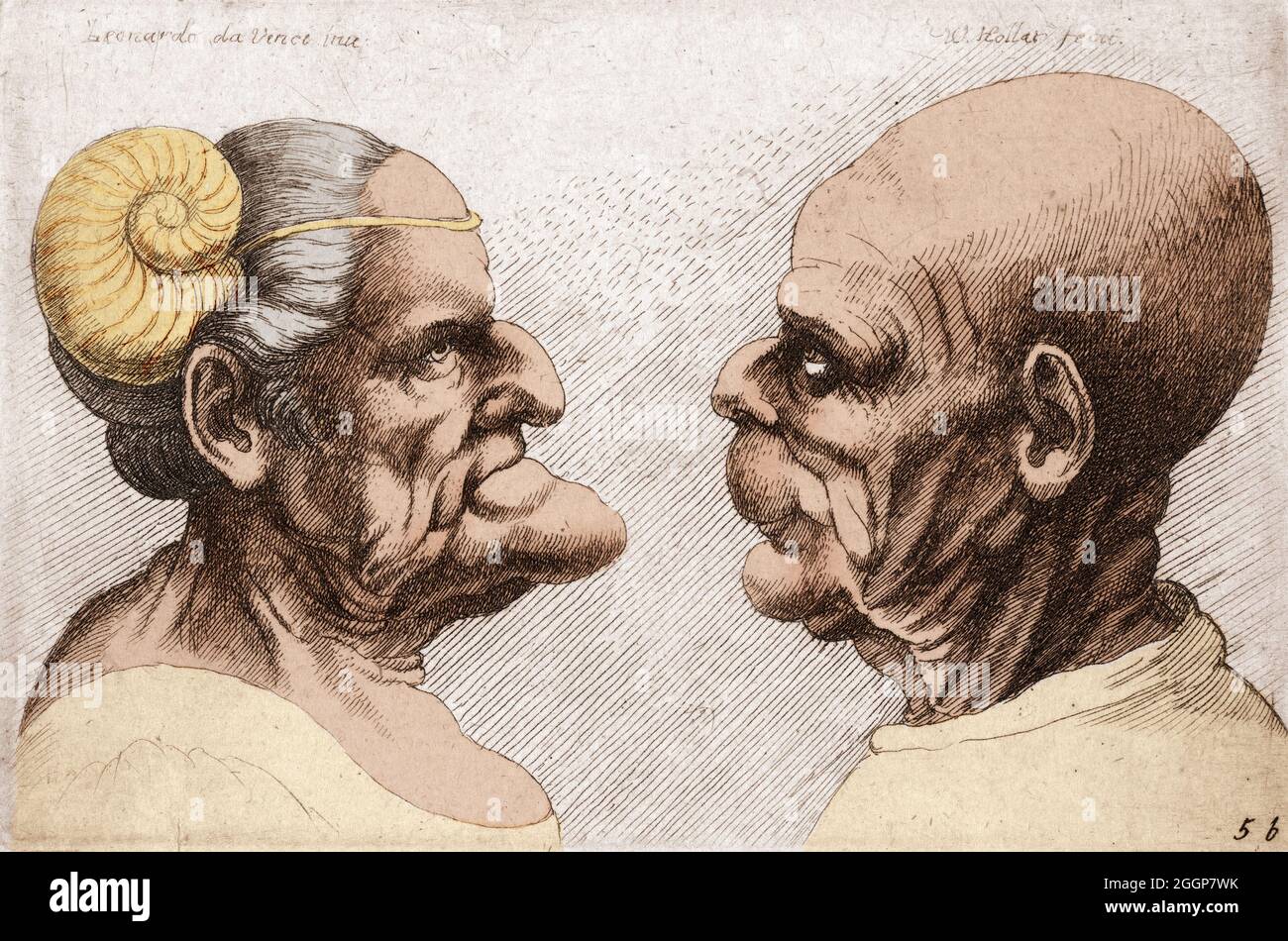 Two deformed heads facing each other, 1645. Stock Photo
