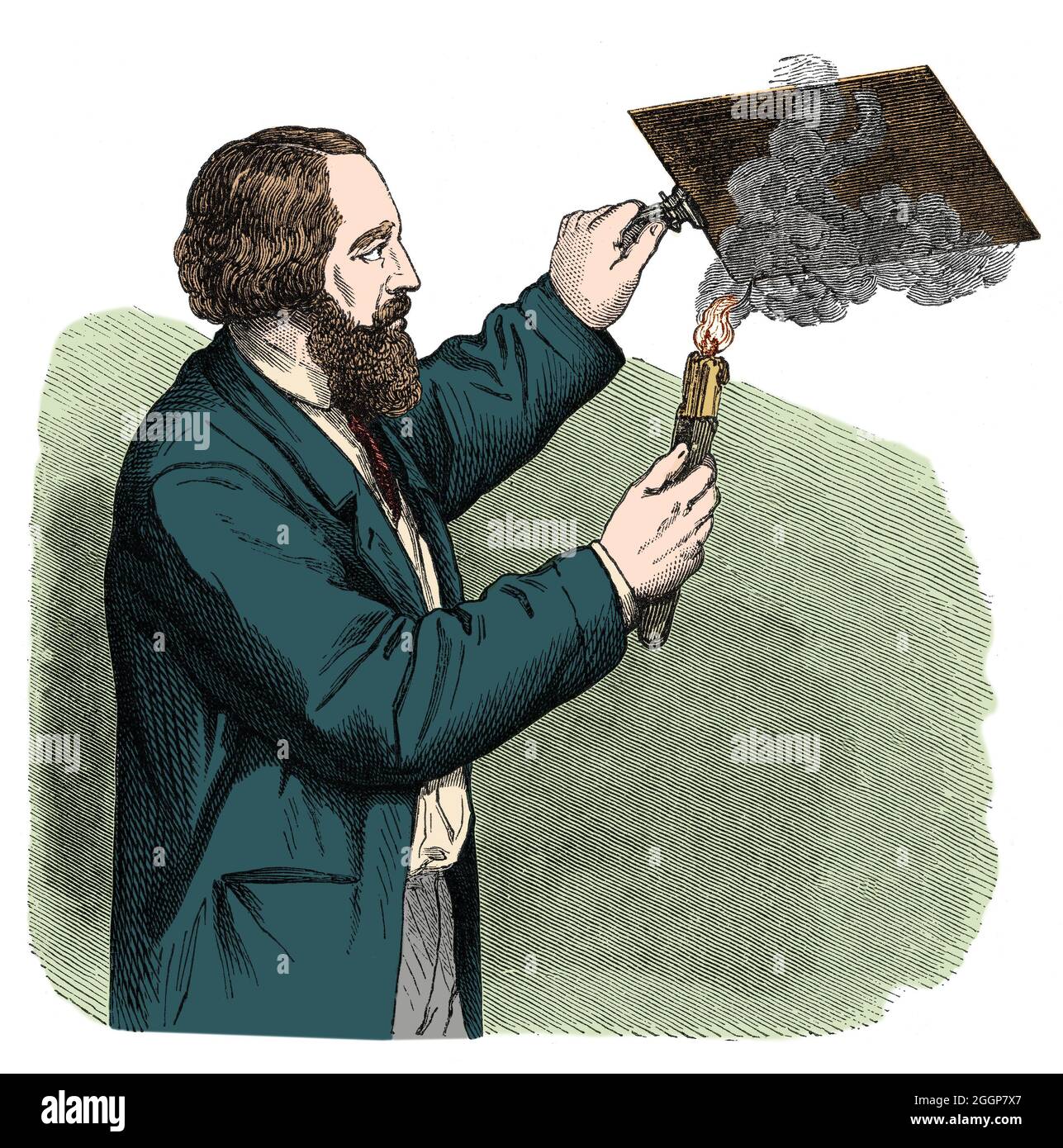 In etching, a waxy acid-resist, known as a ground, is applied to a metal plate, most often copper or zinc, and allowed to harden, after which the artist 'smokes' the plate. Stock Photo