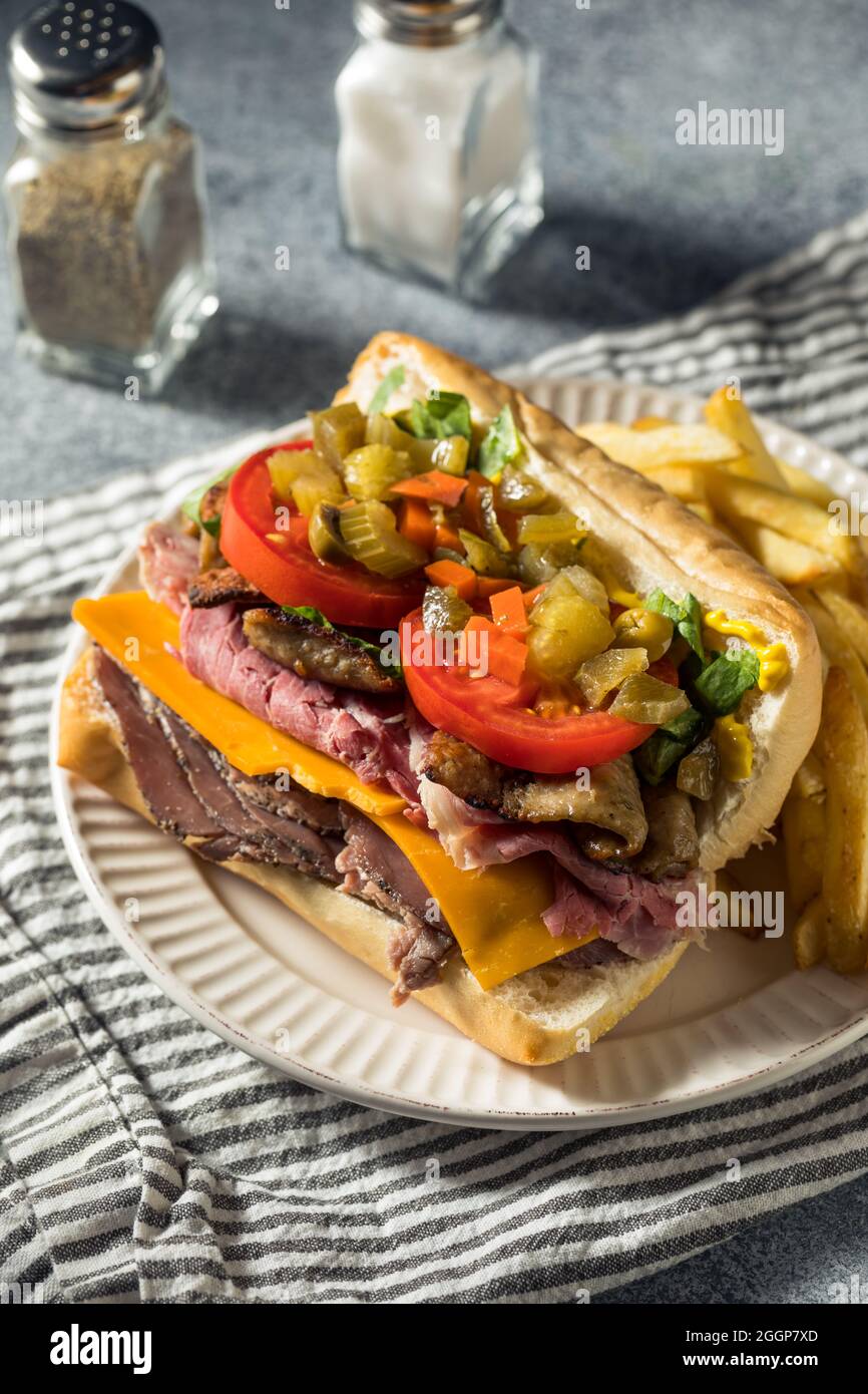 Homemade Chicago Jim Shoe Roast Beef Sandwich with Gyro Meat and Giardiniera Stock Photo