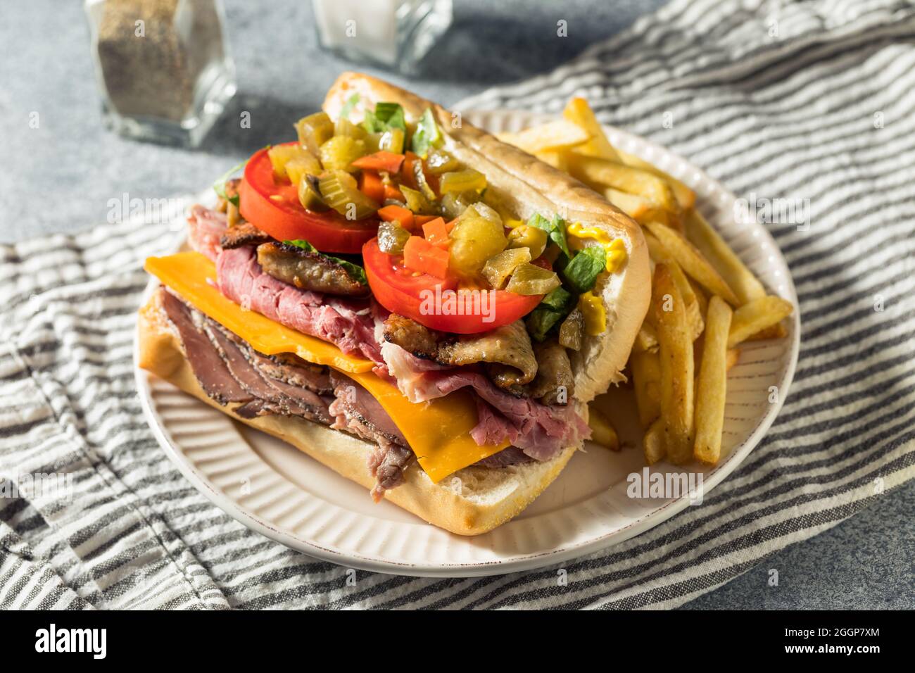 Homemade Chicago Jim Shoe Roast Beef Sandwich with Gyro Meat and Giardiniera Stock Photo