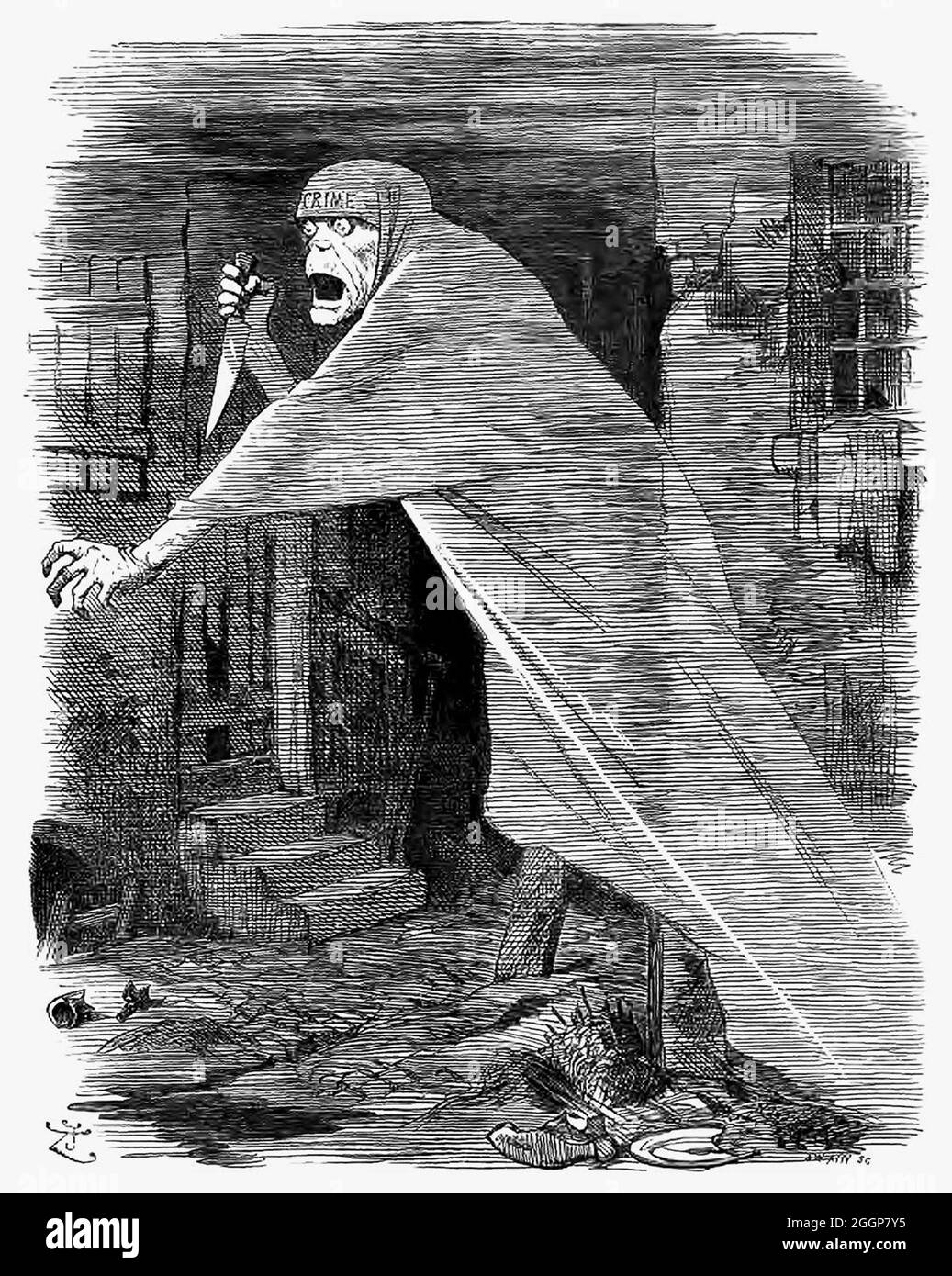 A satirical cartoon from Punch magazine showing the ghost of Jack the Ripper roaming the Whitechapel district of London, symbolizing the 'murderous Crime--the Nemesis of Neglect,' i. Stock Photo