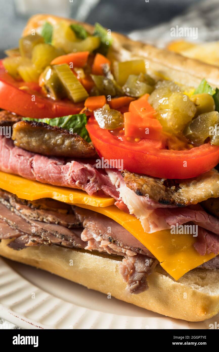 Homemade Chicago Jim Shoe Roast Beef Sandwich with Gyro Meat and Giardiniera Stock Photo