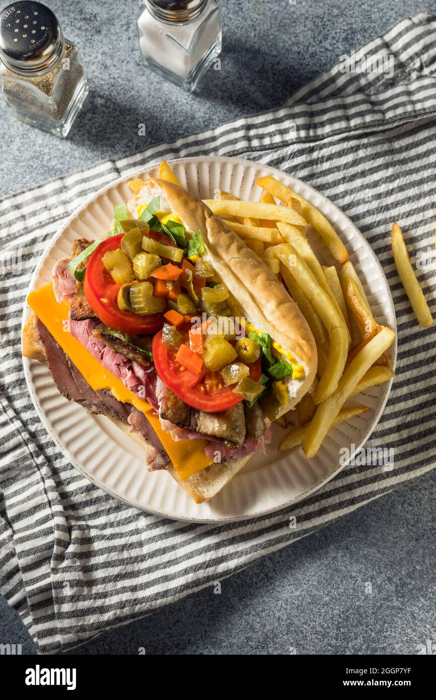 Homemade Chicago Jim Shoe Roast Beef Sandwich with Gyro Meat and Giardiniera Stock Photo