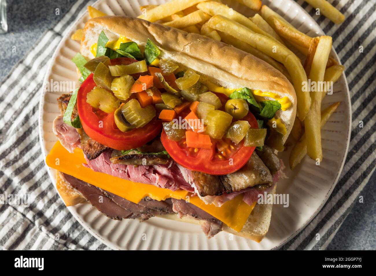 Homemade Chicago Jim Shoe Roast Beef Sandwich with Gyro Meat and Giardiniera Stock Photo