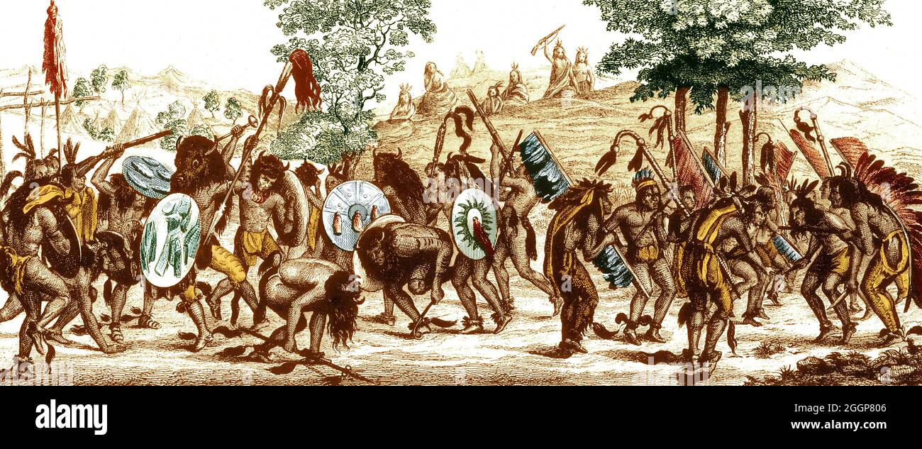 Panoramic illustration showing Mandan tribal dances, one of which is the bison or buffalo dance, in which some dancers wear real or imitation buffalo heads. Stock Photo