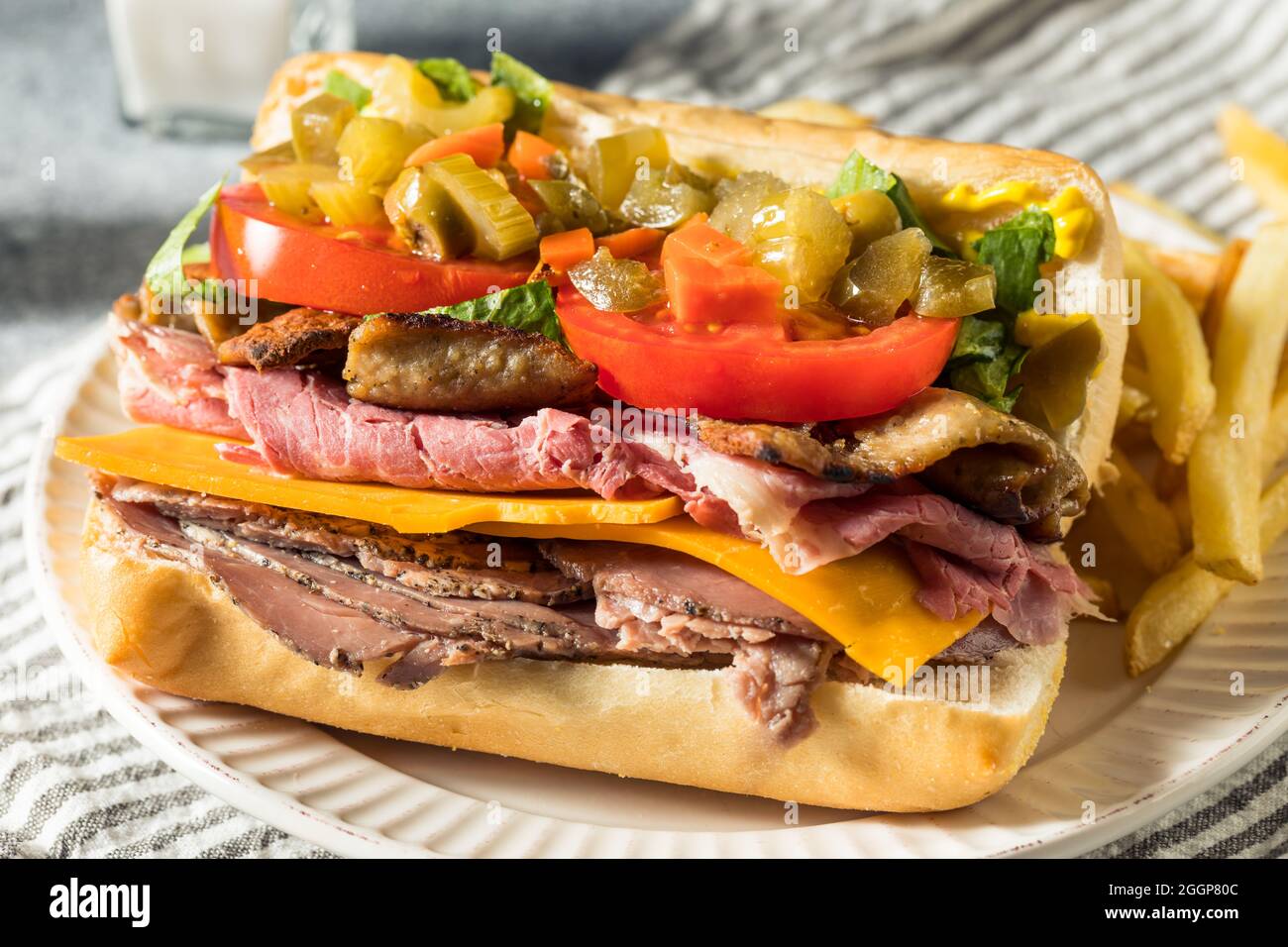 Homemade Chicago Jim Shoe Roast Beef Sandwich with Gyro Meat and Giardiniera Stock Photo