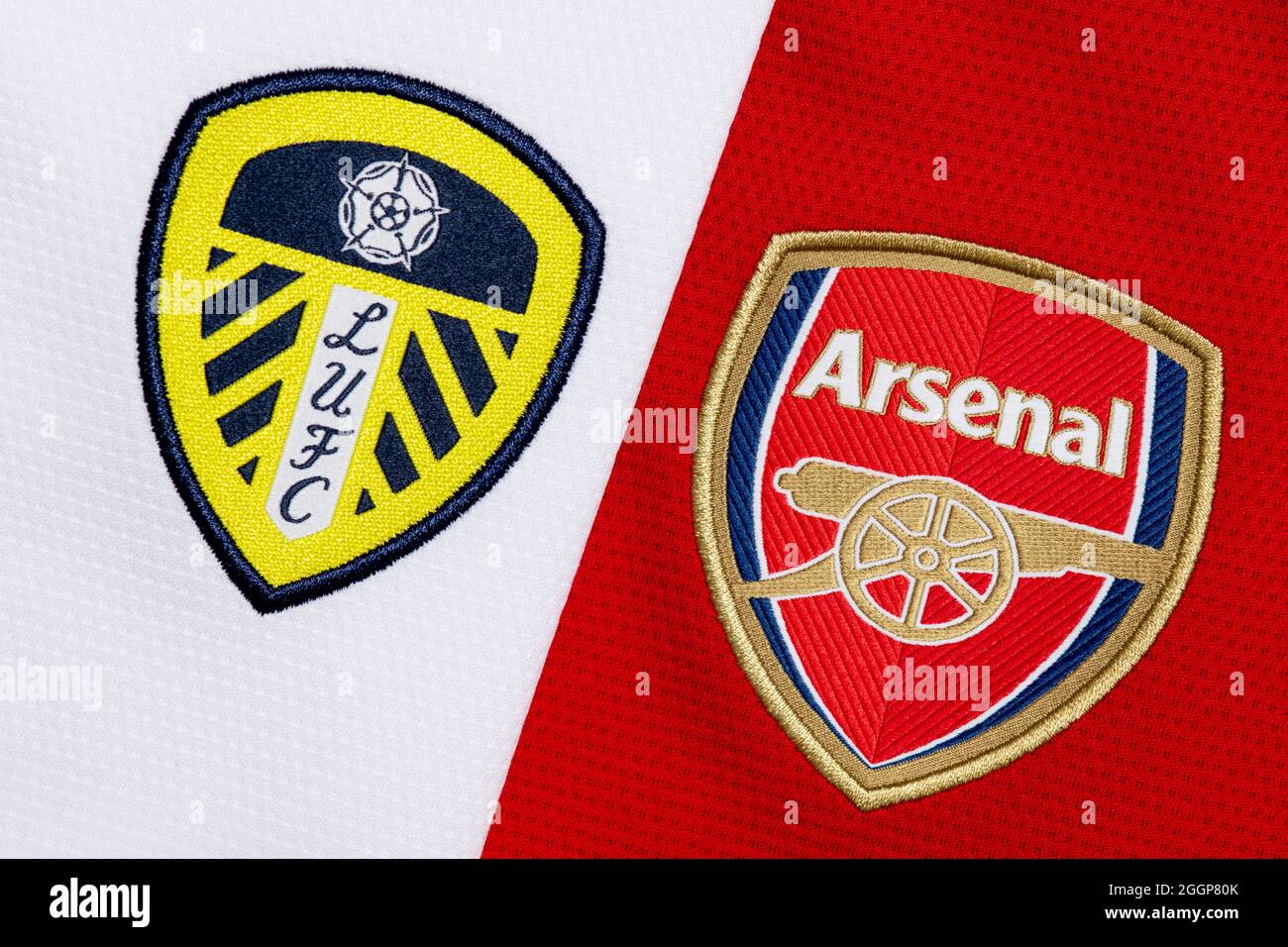 Close up of Leeds United & Arsenal club crest Stock Photo Alamy