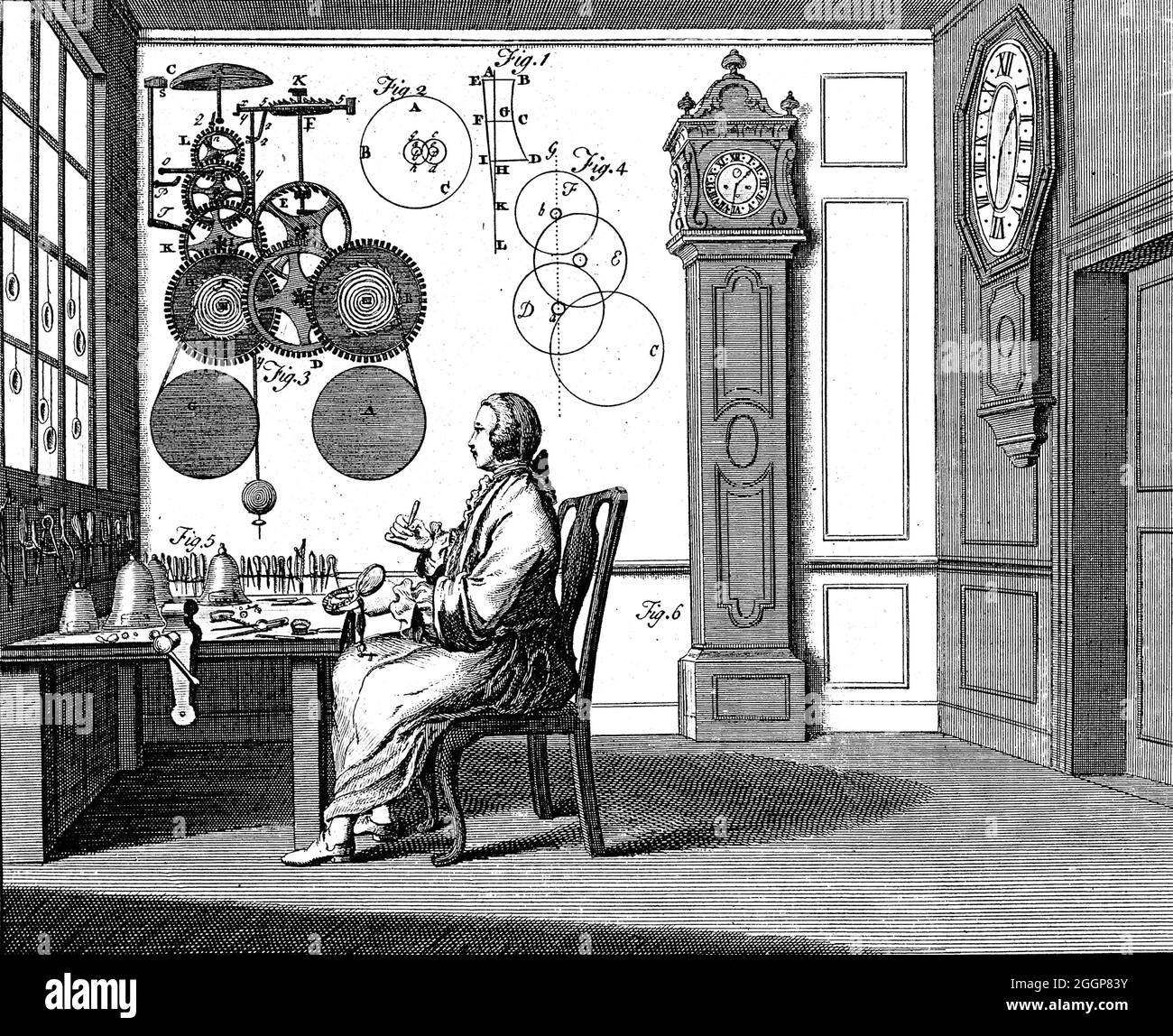 An historical illustration from 1748 showing the art of making clocks and watches. Stock Photo