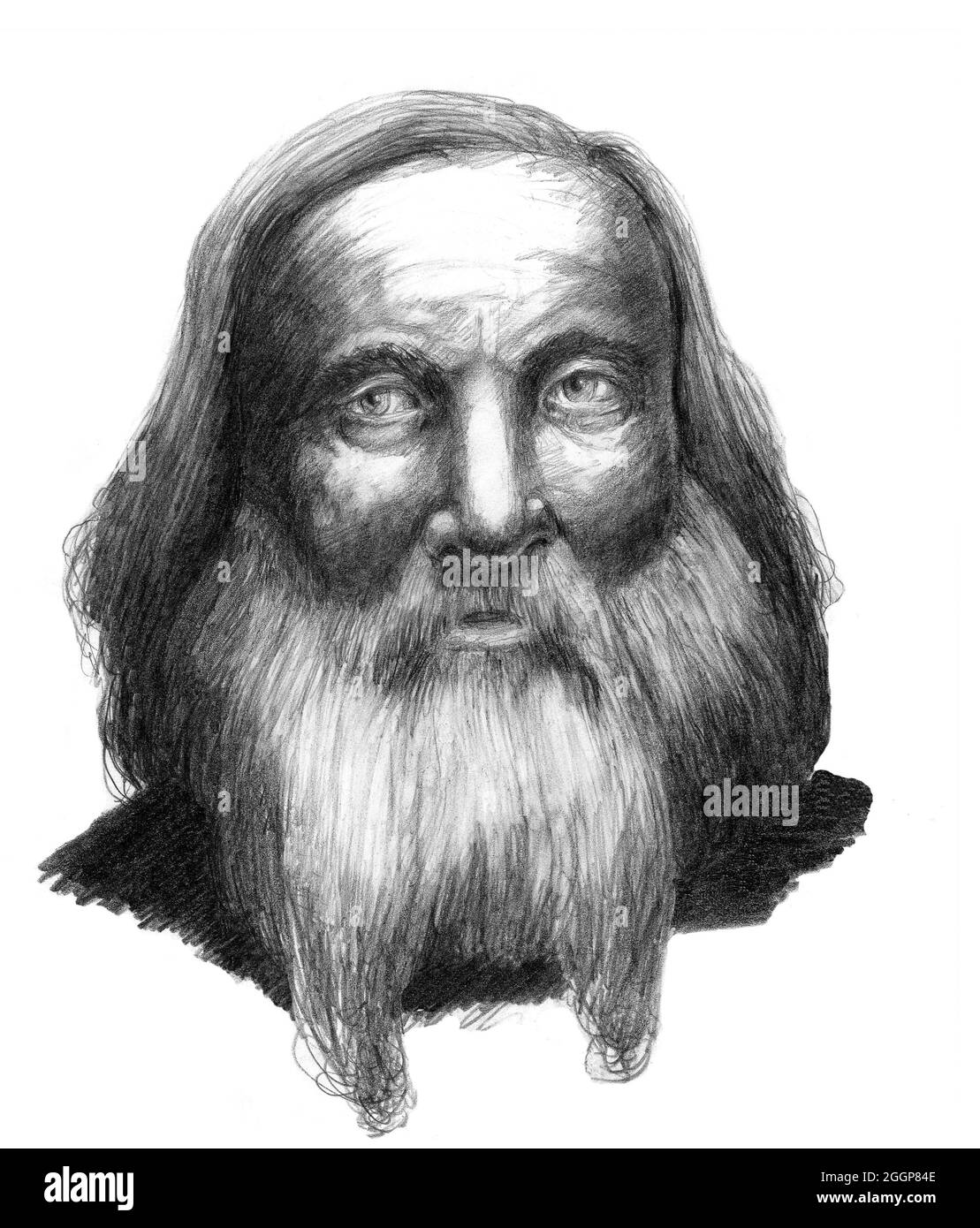 Illustration of Dmitry Ivanovich Mendeleyev (1834-1907), Russian chemist. Mendeleyev (or Mendeleev) was initially an indifferent student, but left college at the top of his class. After attending the 1st Karlsruhe Congress (1860), Mendelayev worked on organizing trends in atomic weights and valency. From this, he developed the first true periodic table of the elements (final version published in 1871). This contained some gaps, but as new elements were discovered to have the properties predicted by the table, Mendeleyev became famous worldwide. Stock Photo