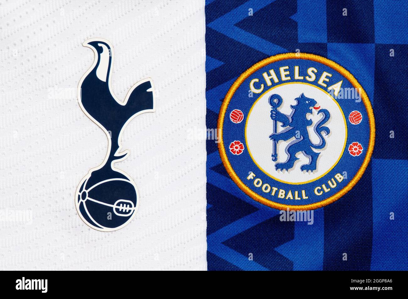 Close up of Tottenham Hotspur & Chelsea club crest. Stock Photo