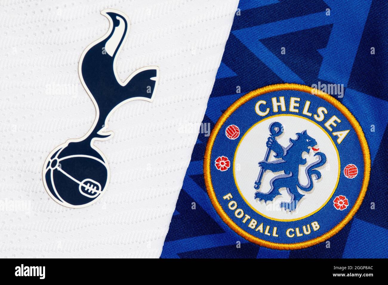 Close up of Tottenham Hotspur & Chelsea club crest. Stock Photo