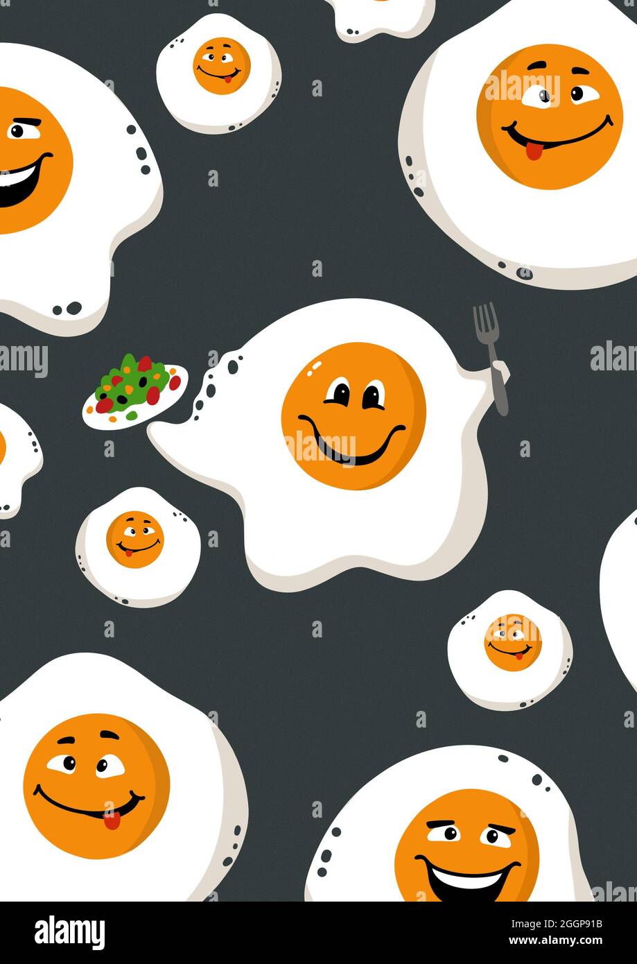Cartoon scrambled eggs. Good morning poster. Funny scrambled eggs. Yolk
