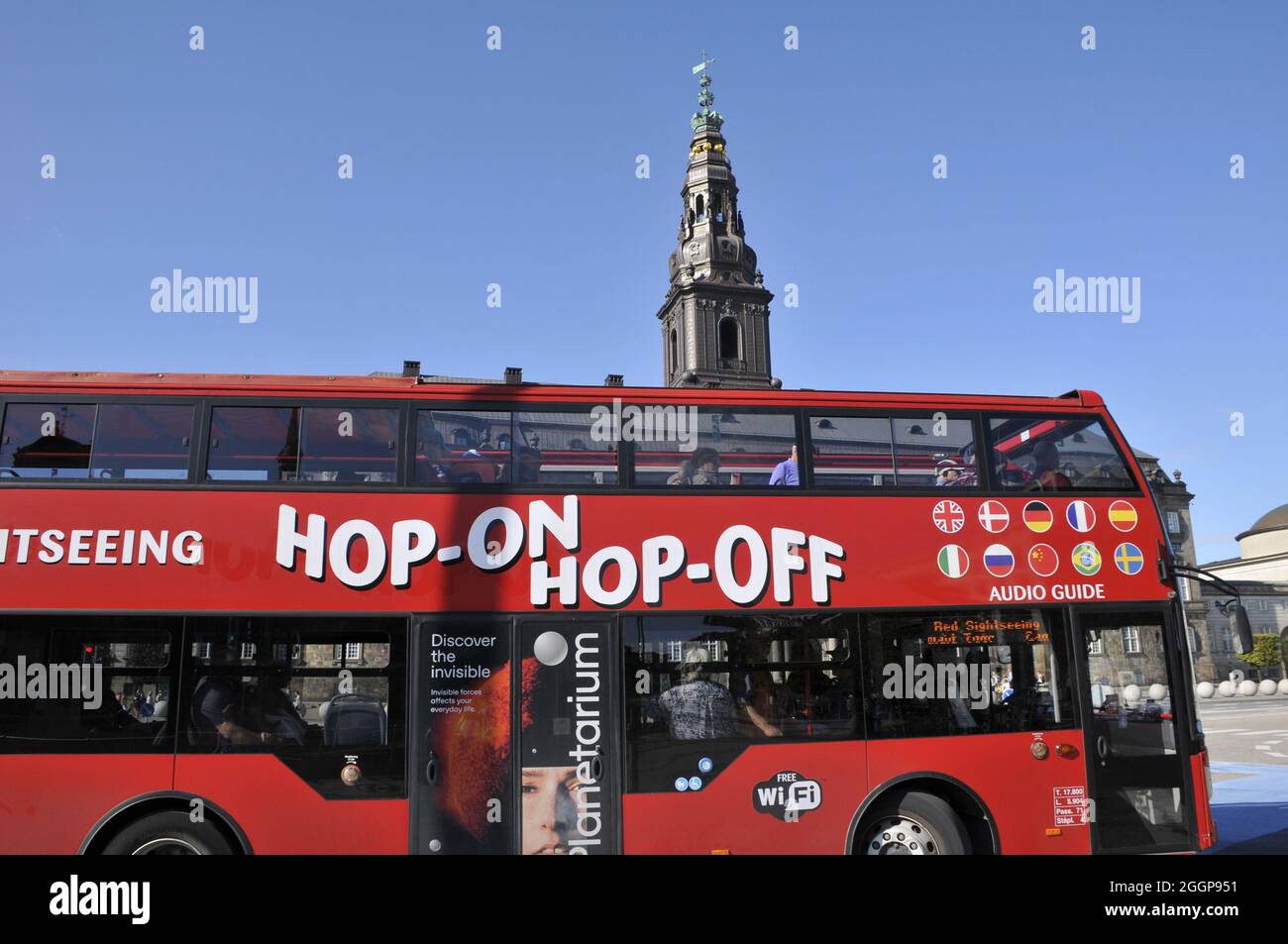 Copenhagen, Denmark.,02 September 2021/Hop on hop sight seeing bus tourist bus passes by danish parliament Christinsborg most famous mark in Stock Photo - Alamy