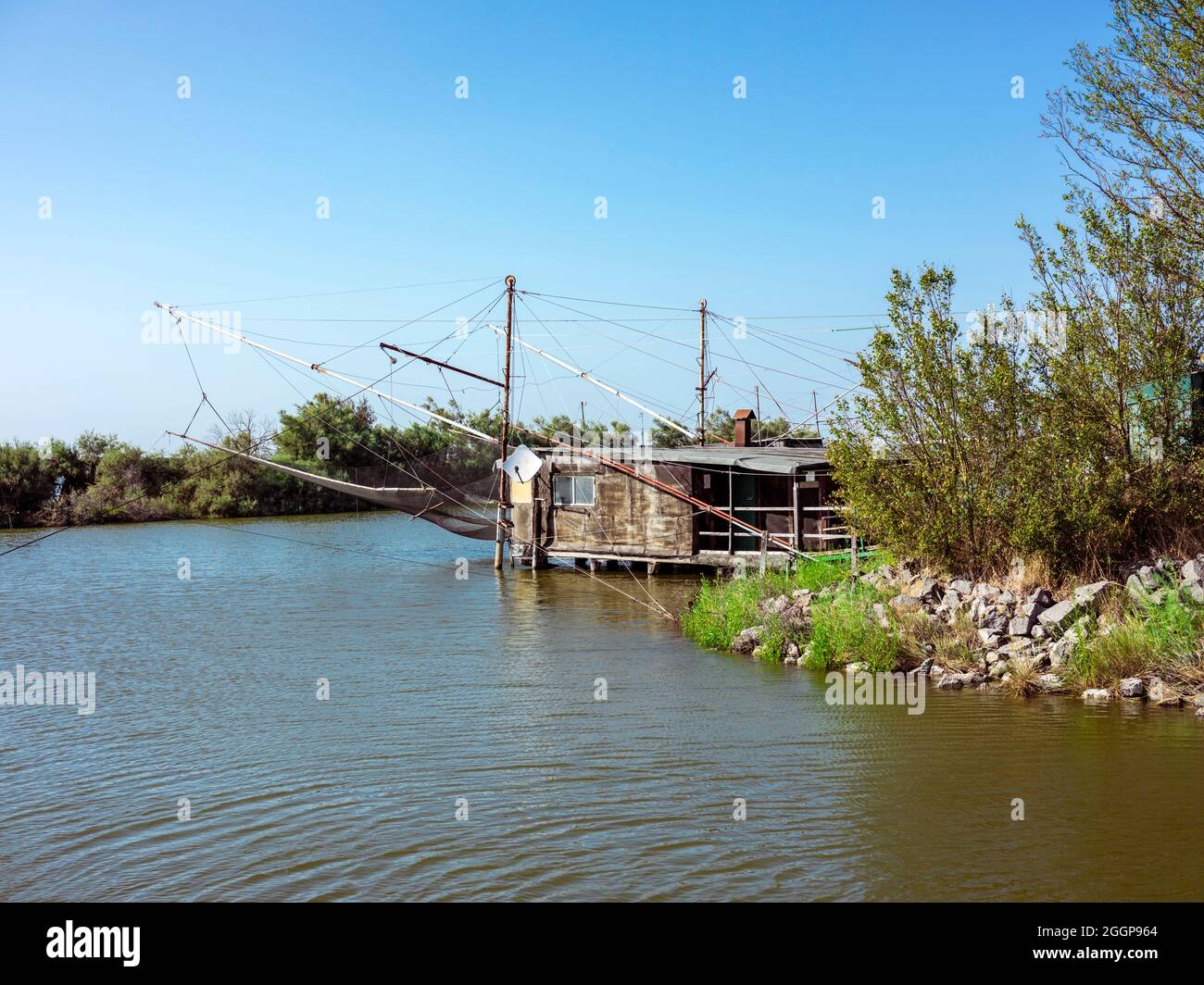 Traditional fishing hut in natural reserve Delta del Po di Veneto (High res) Stock Photo