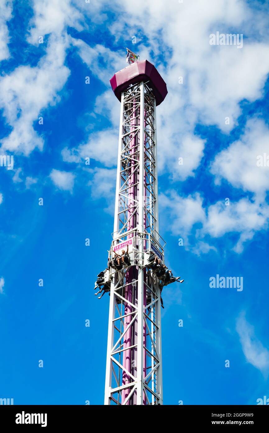 Helsinki Finland 23 July 21 Linnanmaki Amusement Park Ride Tower Raketti Stock Photo Alamy