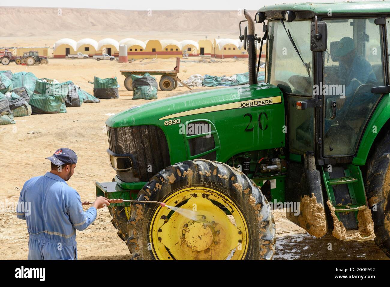 EGYPT, Farafra, potato farming in the desert, washing of tractor / AEGYPTEN, Farafra, United Farms, Kartoffelanbau in der Wueste, Traktor Waesche Stock Photo