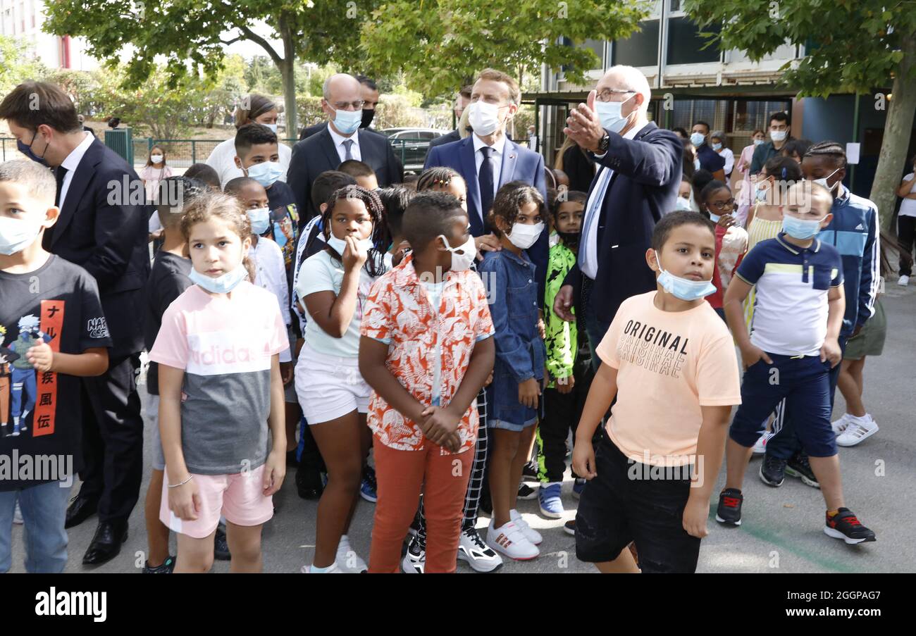 Marseille, France. 2nd Sep, 2021. French President Emmanuel Macron arrives  to visit Bouge elementary school for the start of the school year on  September 2, 2021, as part of his three-day visit
