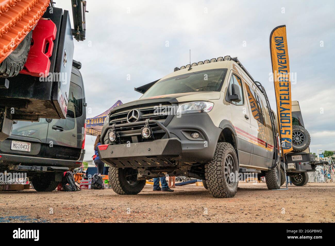 Loveland, CO, USA - August 29, 2021: 4X4 camper van with off-road capabilities by Storyteller Overland (Beast MODE version) at Overland Expo Mountain Stock Photo