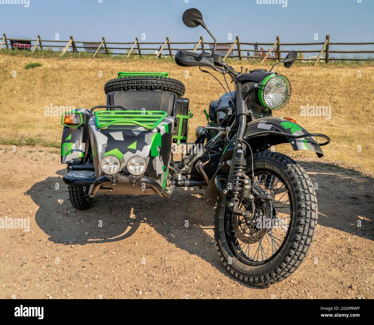 Loveland, CO, USA - August 29, 2021:  Russian made Ural motorcycle with a sidecar adopted for touring and adventure. Stock Photo