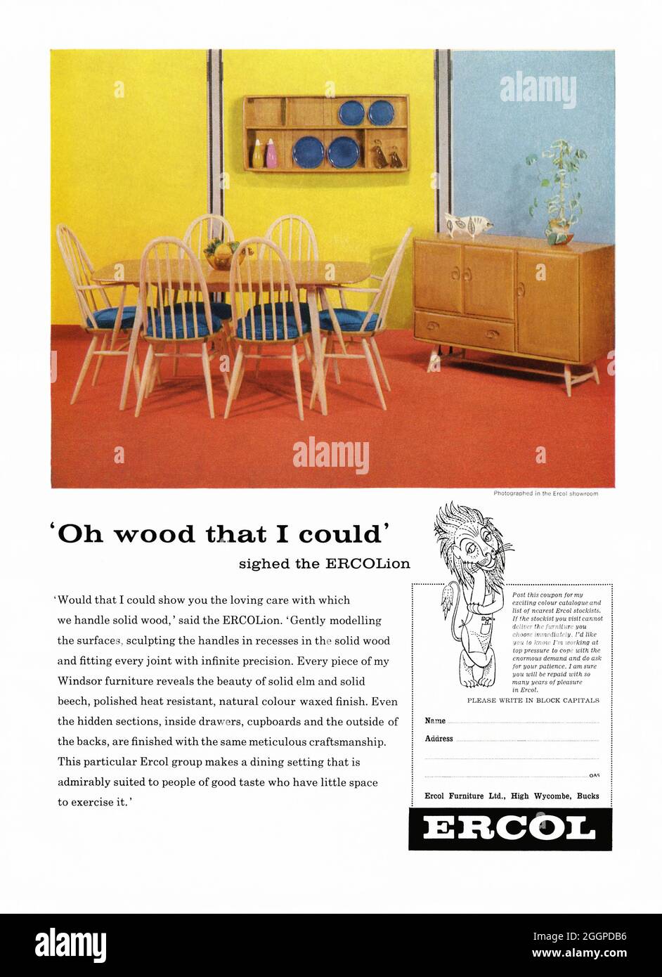 A 1960s advert for Ercol stylish, mid-century furniture of High Wycombe, Buckinghamshire, England, UK. The advert appeared in a magazine published in the UK in October 1962. Photographed is a dining table and chairs plus a sideboard. The Ercol ‘lion’ symbol is featured. Ercol was established in 1920 as Furniture Industries by Lucian Ercolani (1888–1976). The company perfected steam bending of English elm – a wood difficult to bend because it distorted. Ercol's innovation meant a bentwood chair could be made every 20 seconds – vintage 1960s graphics. Stock Photo