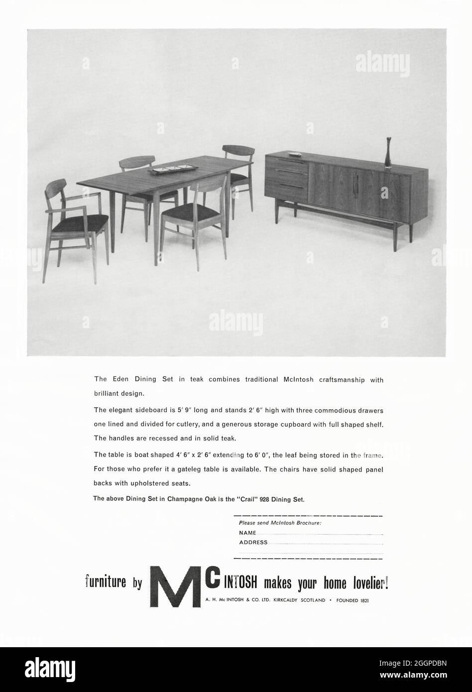A 1960s advert for McIntosh stylish, mid-century furniture of Kirkcaldy, Scotland, UK. The advert appeared in a magazine published in the UK in October 1962. Photographed is a dining table and chairs plus a sideboard. McIntosh, along with G Plan of High Wycombe, were the two main makers of British mid-century dining furniture. McIntosh was founded in 1869 by Alexander Henry McIntosh (1835–1919) There is still a large McIntosh presence in Kirkcaldy today as McIntosh went into educational and contract furniture in the late 1980s – vintage 1960s graphics. Stock Photo