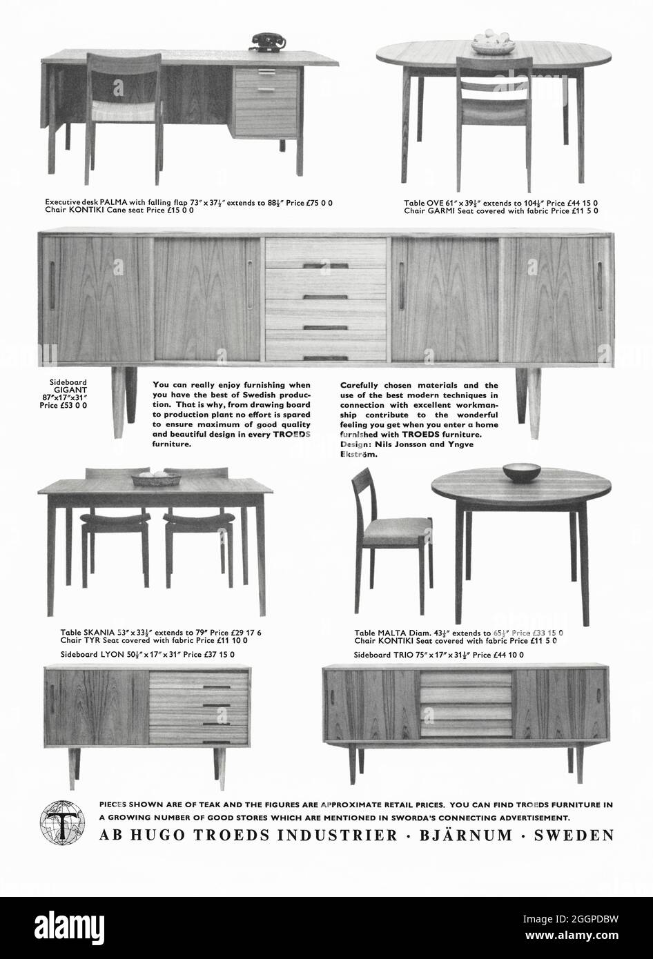 A 1960s advert for stylish, mid-century furniture Swedish company Troeds.  The advert appeared in a magazine published in the UK in October 1962.  Featured are dining room and office furniture in teak.