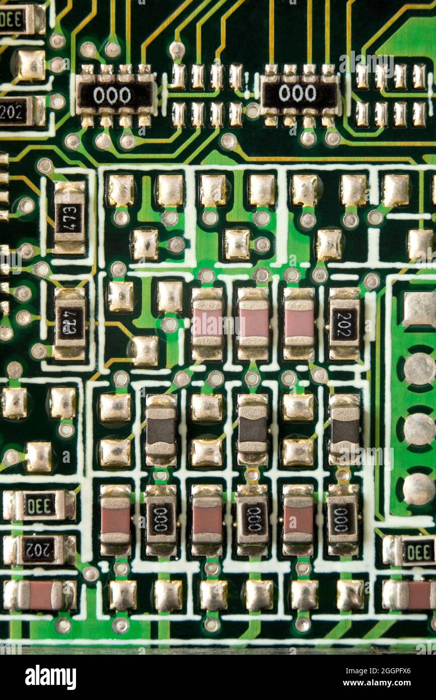 SMD resistors on circuit board closeup - USA Stock Photo