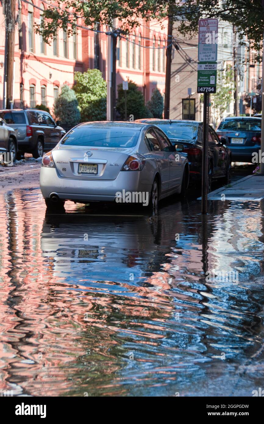Street flooding caused by Hurricane Ida rain in Hoboken, New Jersey, USA. Stock Photo