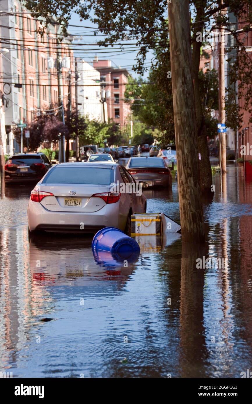 Street flooding caused by Hurricane Ida rain in Hoboken, New Jersey, USA. Stock Photo