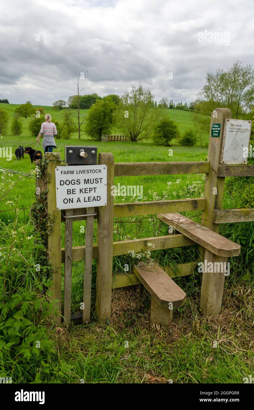 Foot Path With Stile With Warning Signs & Women Walking Two Dogs On Leads Stock Photo