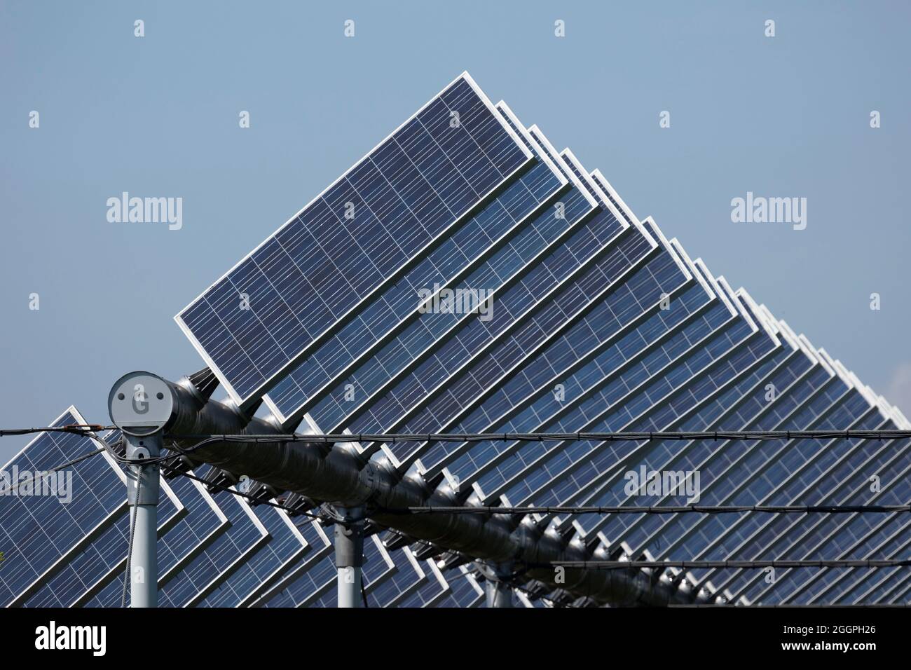 Agrivoltaics or agrophotovoltaics is co-developing the same area of land for both solar photovoltaic power as well as for agriculture. Stock Photo