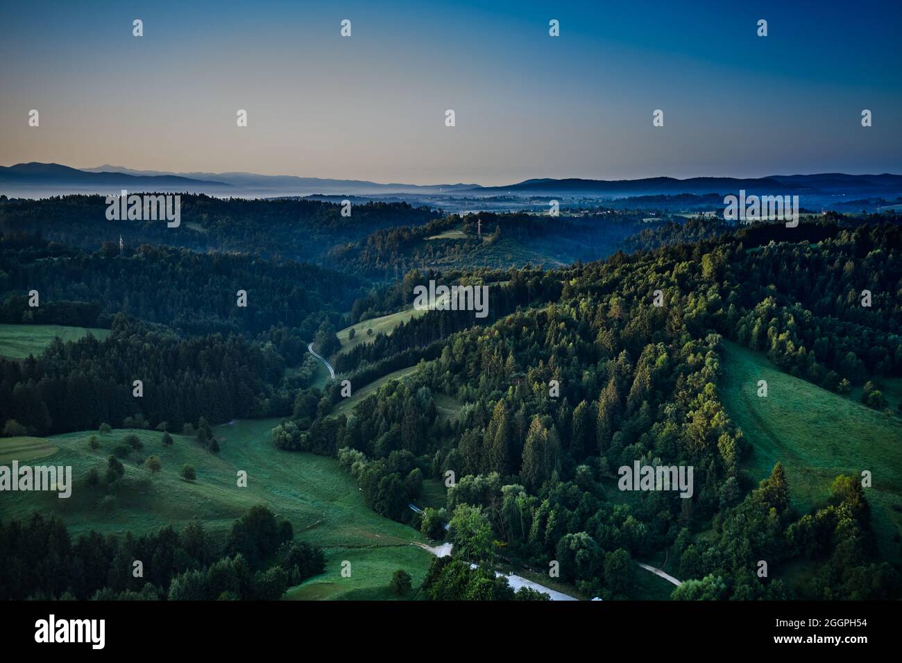 aerial shot of some road serpentines in Schnait, valley Remstal in Germany. countryside road Stock Photo