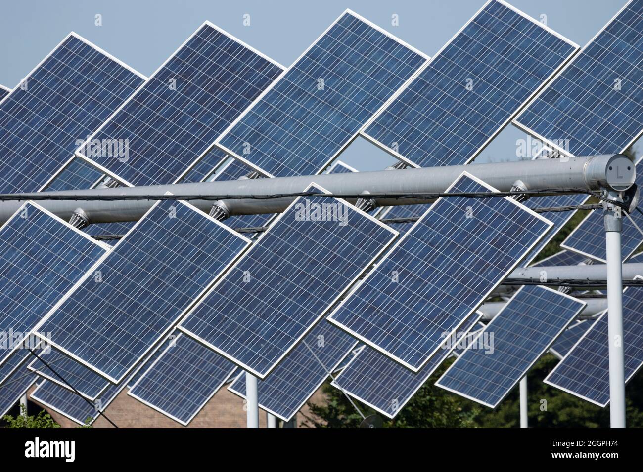 Agrivoltaics or agrophotovoltaics is co-developing the same area of land for both solar photovoltaic power as well as for agriculture. Stock Photo