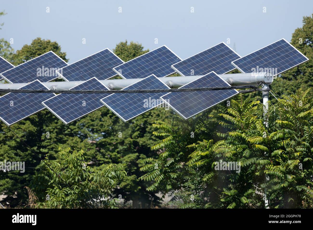 Agrivoltaics or agrophotovoltaics is co-developing the same area of land for both solar photovoltaic power as well as for agriculture. Stock Photo