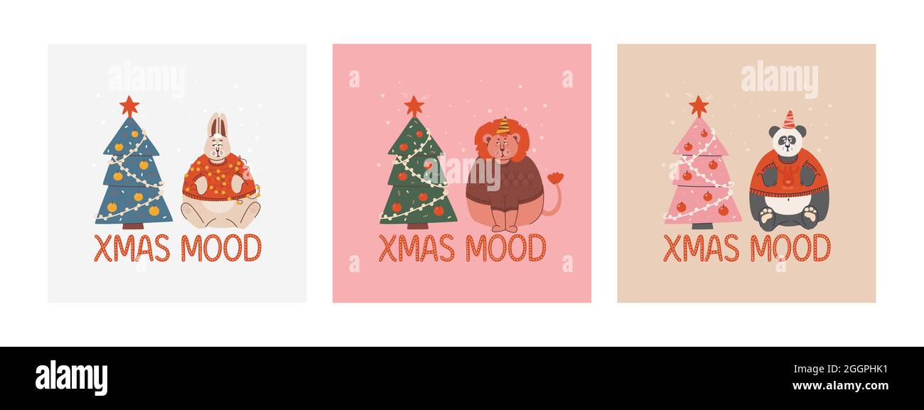 Set of cards with cartoon unhappy animals and Christmas tree. Lettering ...