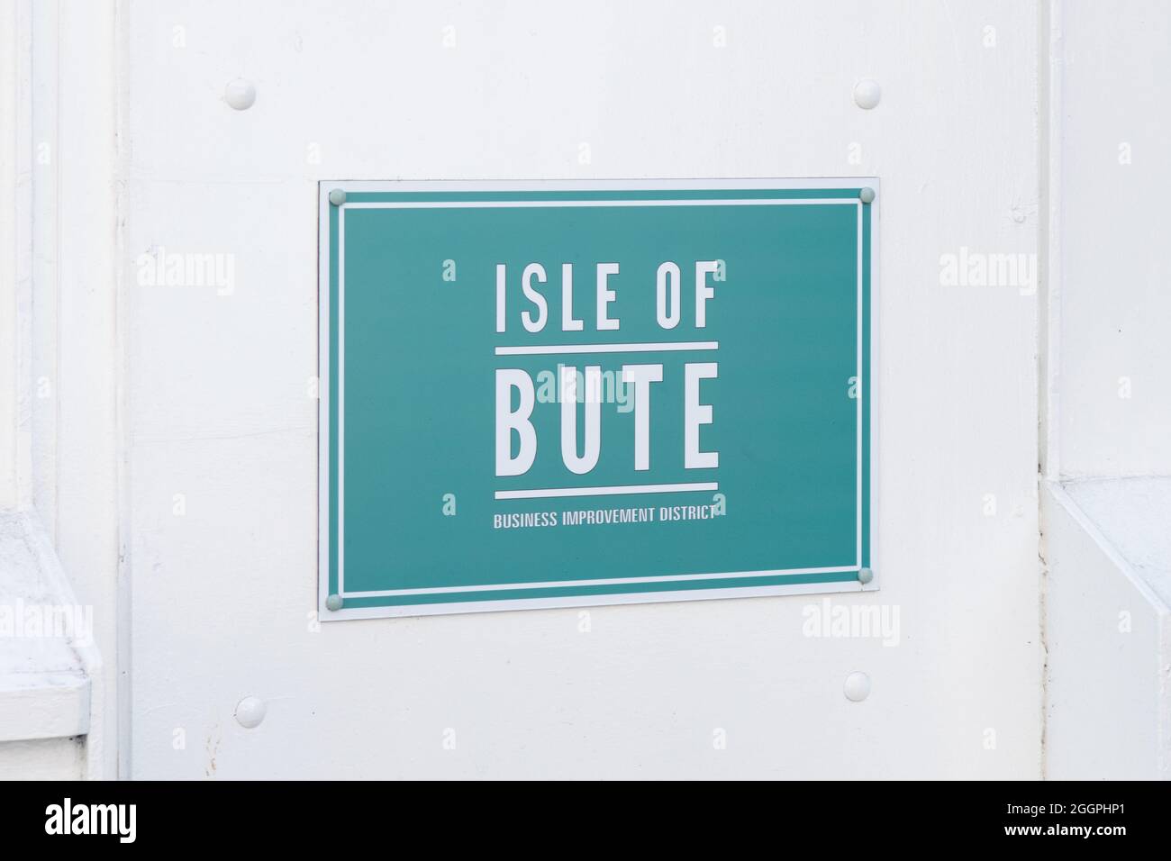 Isle of Bute Business Improvement District BID sign, Rothesay, Isle of Bute, Scotland, UK Stock Photo