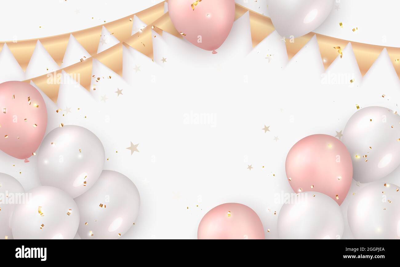 Elegant rose pink white silver ballon and golden ribbon Happy Birthday  celebration card banner template background Stock Photo - Alamy