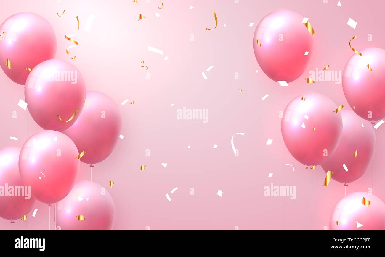 Elegant rose pink ballon and golden ribbon Happy Birthday celebration card  banner template background Stock Photo - Alamy