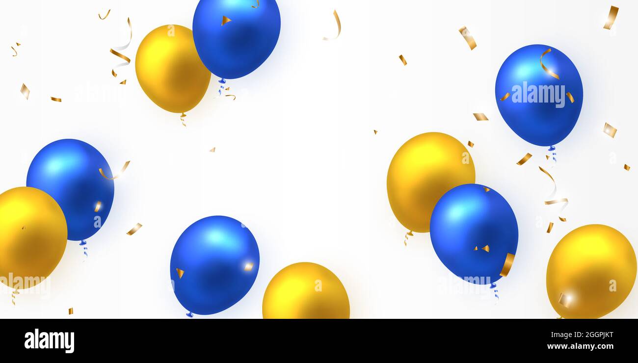 Elegant yellow golden blue ballon and party popper ribbon Happy Birthday  celebration card banner template Stock Photo - Alamy